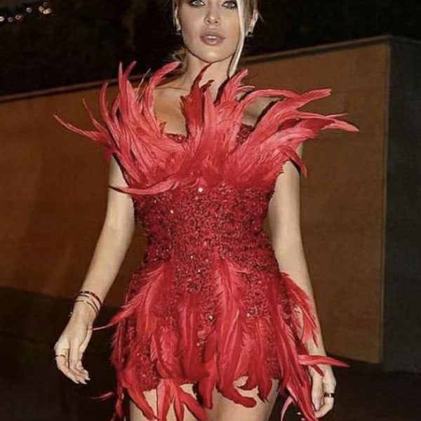 Sexy heavy industry red feather sequin miniskirt birthday banquet party dress dress performance costume