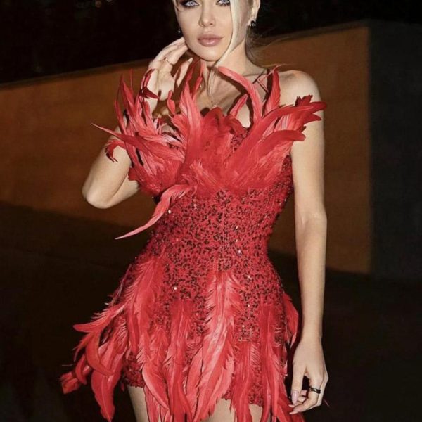 Sexy heavy industry red feather sequin miniskirt birthday banquet party dress dress performance costume