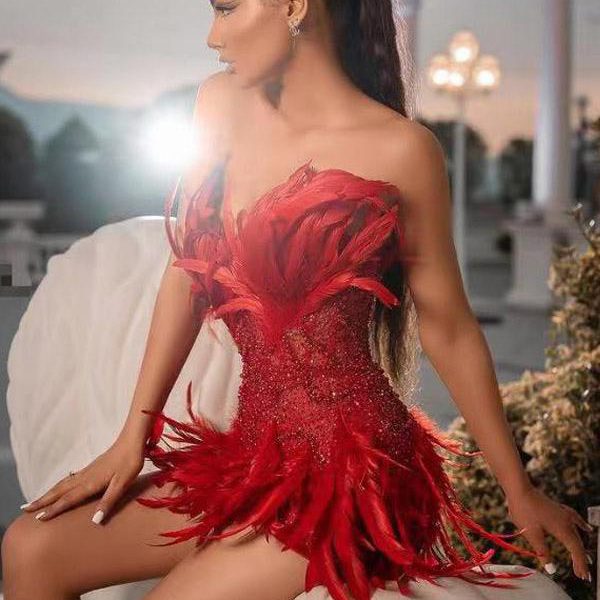 Sexy heavy industry red feather sequin miniskirt birthday banquet party dress dress performance costume