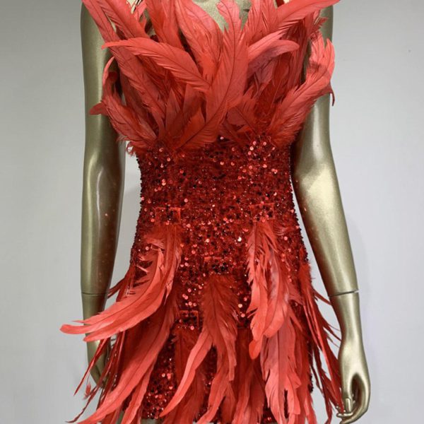 Sexy heavy industry red feather sequin miniskirt birthday banquet party dress dress performance costume