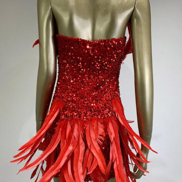 Sexy heavy industry red feather sequin miniskirt birthday banquet party dress dress performance costume
