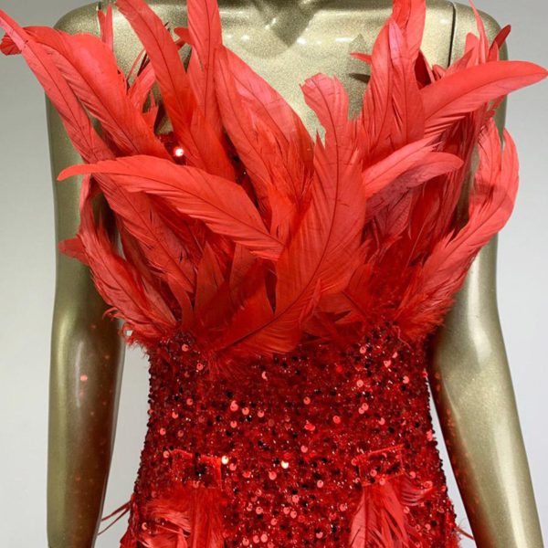 Sexy heavy industry red feather sequin miniskirt birthday banquet party dress dress performance costume