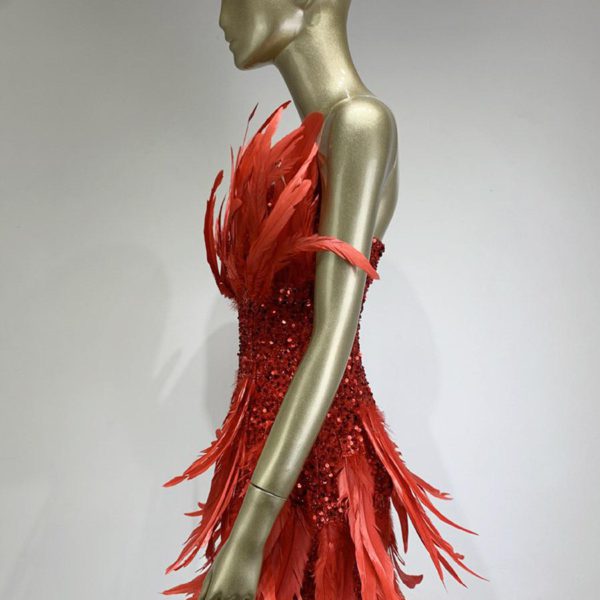 Sexy heavy industry red feather sequin miniskirt birthday banquet party dress dress performance costume