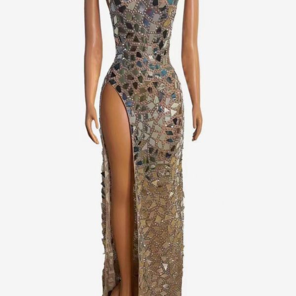 Sexy elastic lens slit long dress party dress nightclub Gogo performance wear
