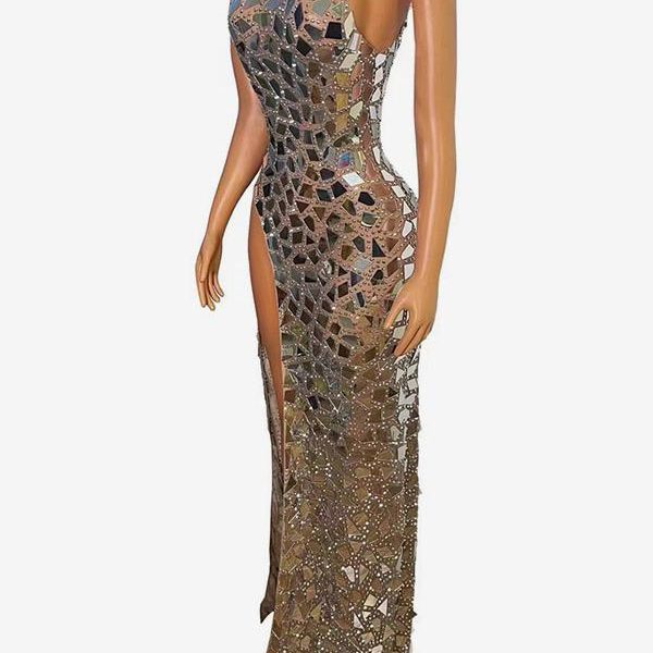Sexy elastic lens slit long dress party dress nightclub Gogo performance wear