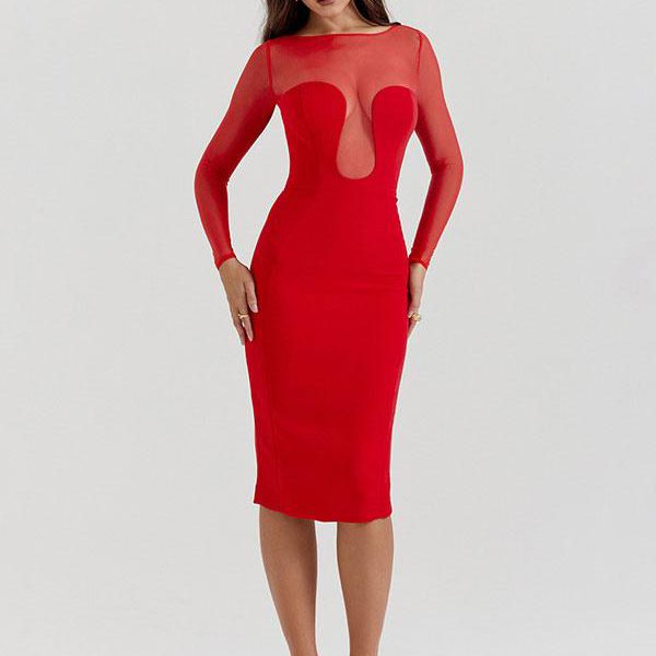 Party Dresses Red Jewel Neck Split Front Long Sleeves Sheer Semi Formal Dress