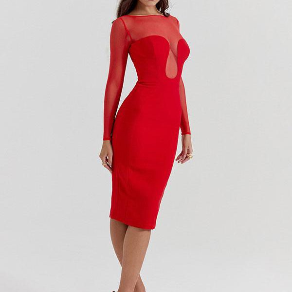 Party Dresses Red Jewel Neck Split Front Long Sleeves Sheer Semi Formal Dress