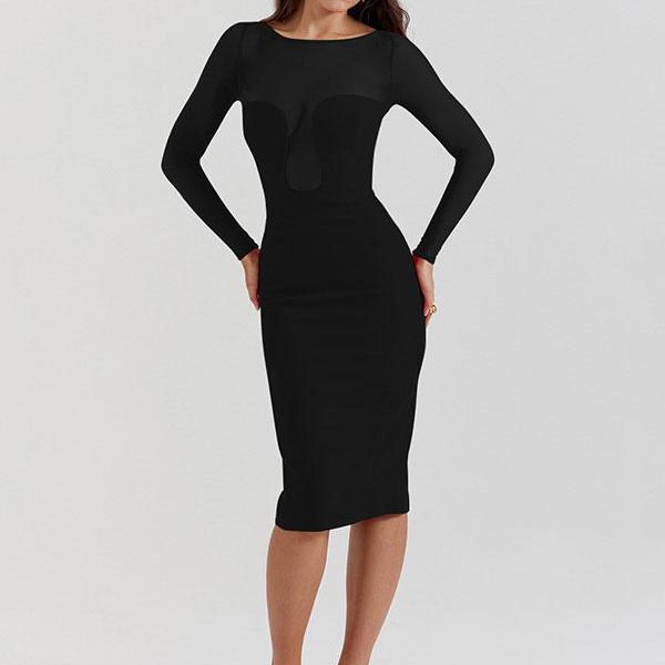 Party Dresses Red Jewel Neck Split Front Long Sleeves Sheer Semi Formal Dress