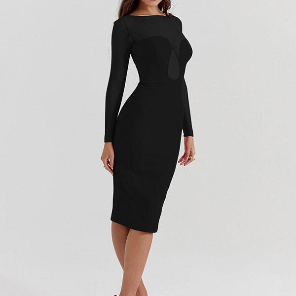 Party Dresses Red Jewel Neck Split Front Long Sleeves Sheer Semi Formal Dress