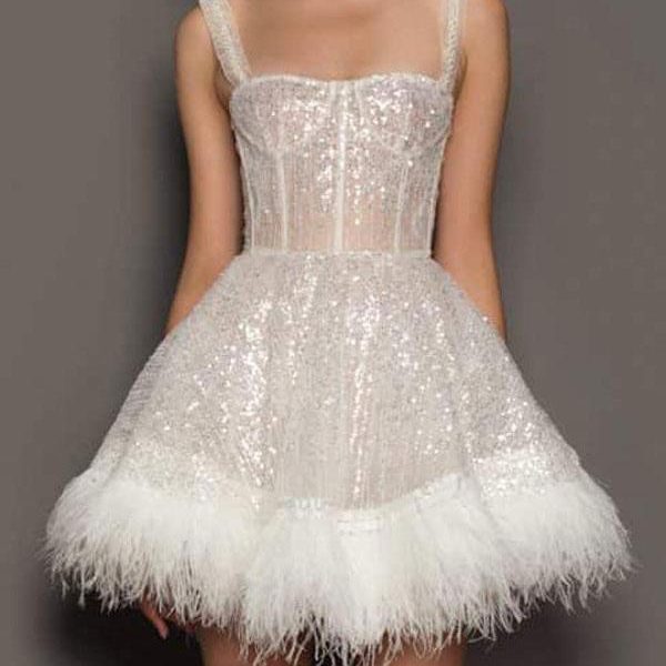 Party Dresses Ecru White Straps Neck Sequins Sleeveless Sheer Semi Formal Dress