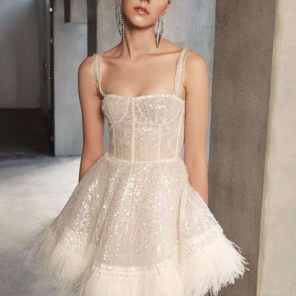 Party Dresses Ecru White Straps Neck Sequins Sleeveless Sheer Semi Formal Dress