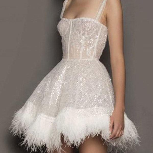 Party Dresses Ecru White Straps Neck Sequins Sleeveless Sheer Semi Formal Dress
