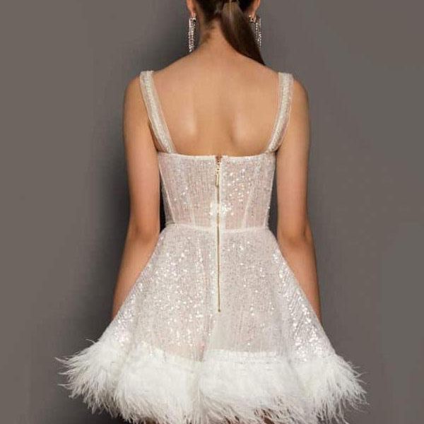Party Dresses Ecru White Straps Neck Sequins Sleeveless Sheer Semi Formal Dress