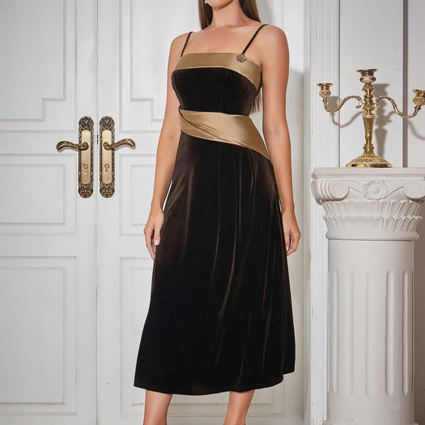 Velvet Dress Coffee Brown Asymmetrical Metal Details Party Sleeveless Two-Tone Straps Neck Spring Long Midi Dress