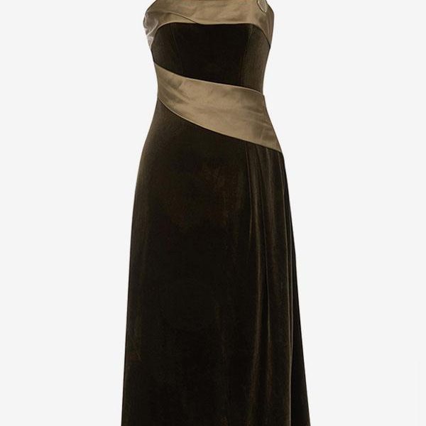 Velvet Dress Coffee Brown Asymmetrical Metal Details Party Sleeveless Two-Tone Straps Neck Spring Long Midi Dress