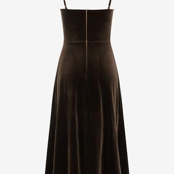 Velvet Dress Coffee Brown Asymmetrical Metal Details Party Sleeveless Two-Tone Straps Neck Spring Long Midi Dress