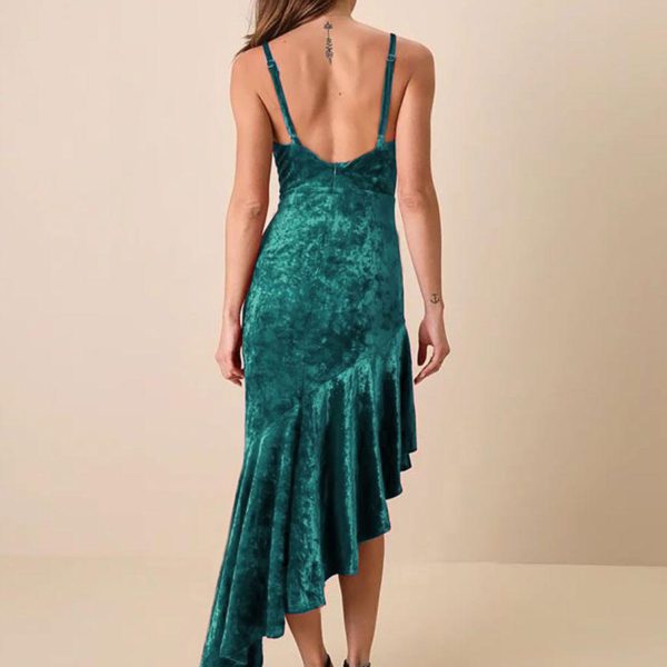Velvet Dress Burgundy Asymmetrical Ruffles Rave Club Sleeveless Straps Neck Spring Long Maxi Dresses