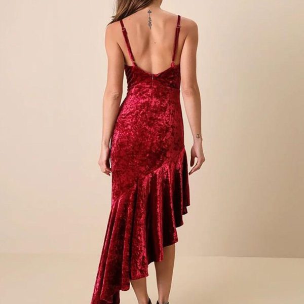 Velvet Dress Burgundy Asymmetrical Ruffles Rave Club Sleeveless Straps Neck Spring Long Maxi Dresses