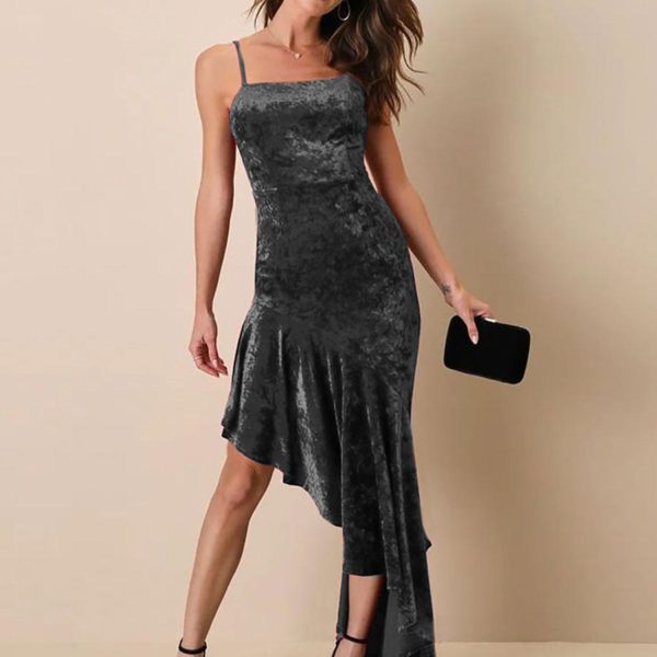 Velvet Dress Burgundy Asymmetrical Ruffles Rave Club Sleeveless Straps Neck Spring Long Maxi Dresses