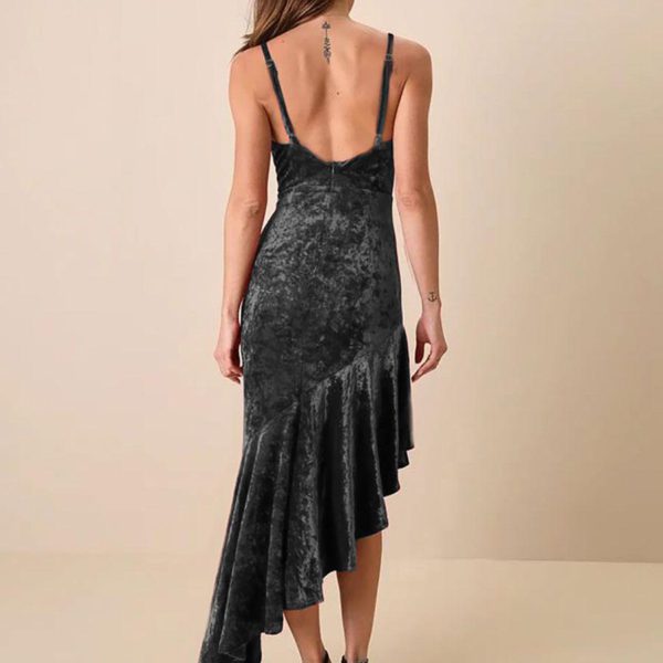 Velvet Dress Burgundy Asymmetrical Ruffles Rave Club Sleeveless Straps Neck Spring Long Maxi Dresses