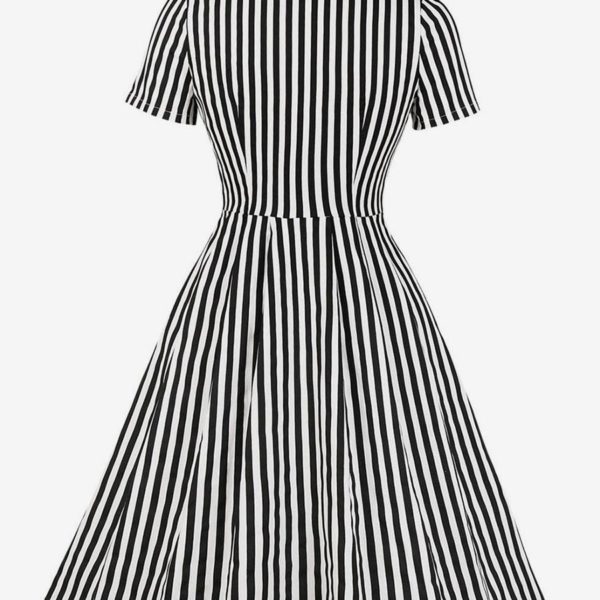 Vintage Dress 1950s Stripe Bow Tie Short Sleeves Women Swing Retro Dress