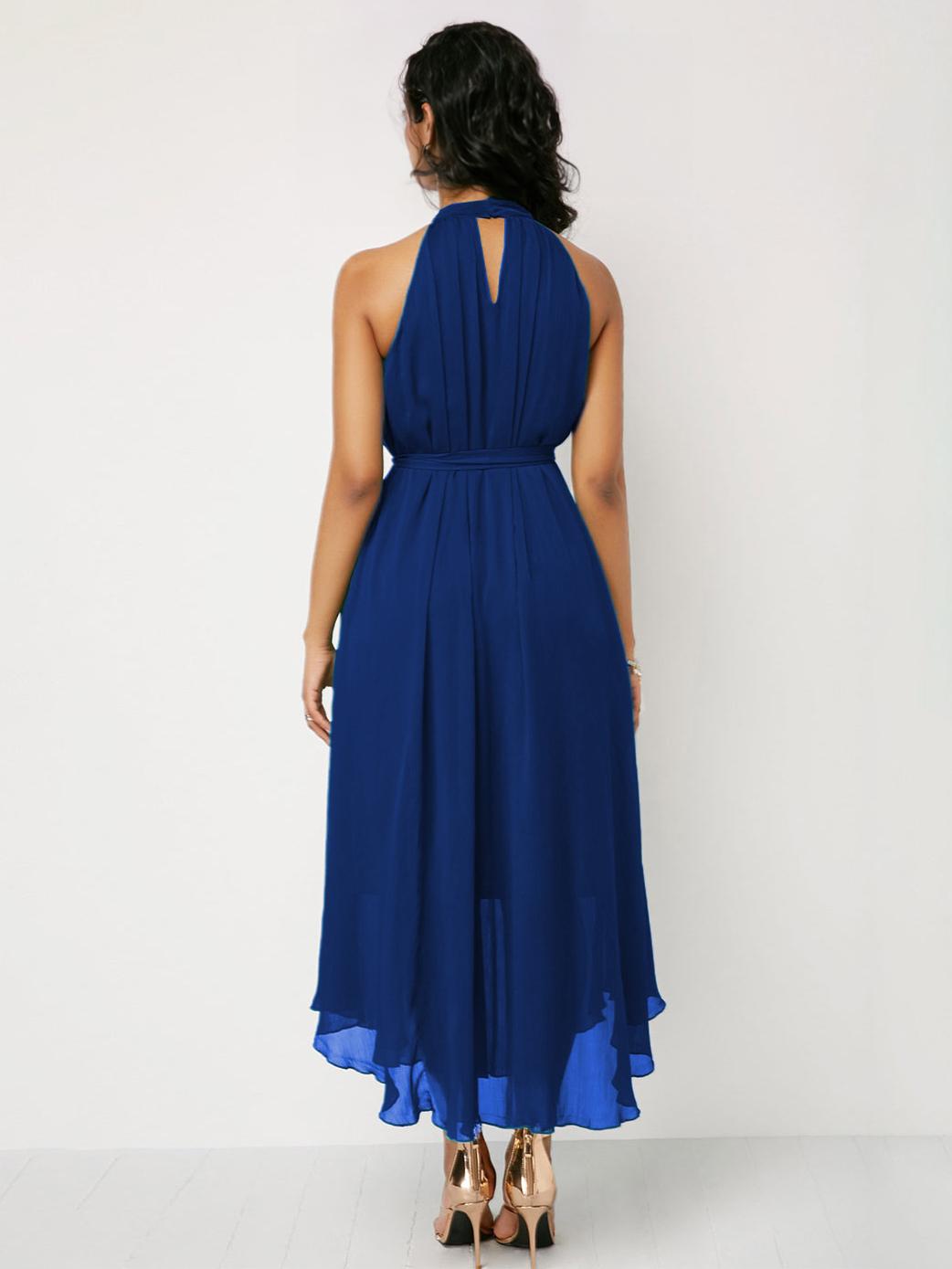 Halter Dress Sleeveless Belted Party Dress In Solid Color