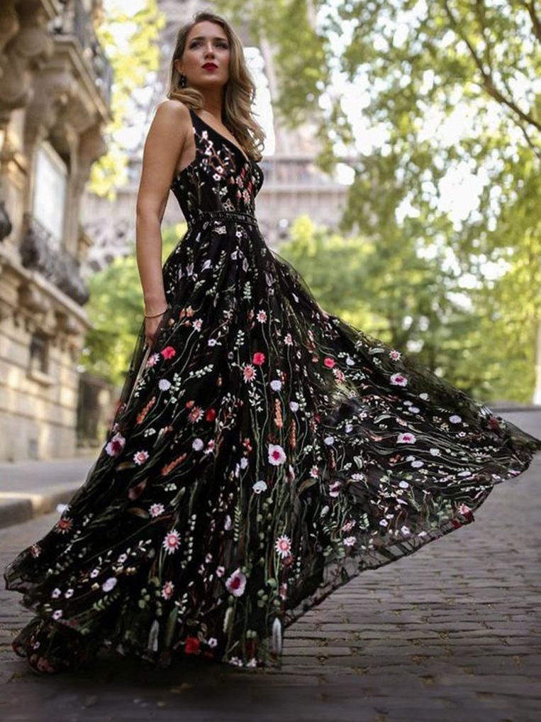 Black Maxi Dress V Neck Sleeveless Flower Embroidered Tulle Party Long Warp Dress
