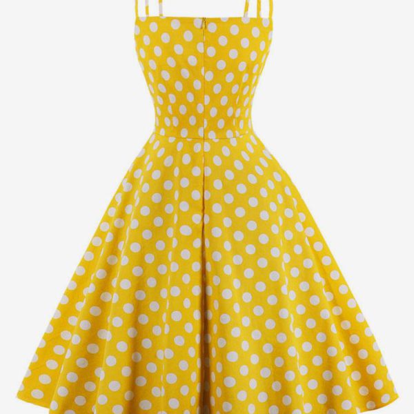 Yellow Vintage Dress Straps Polka Dot Cotton Retro Summer Dress