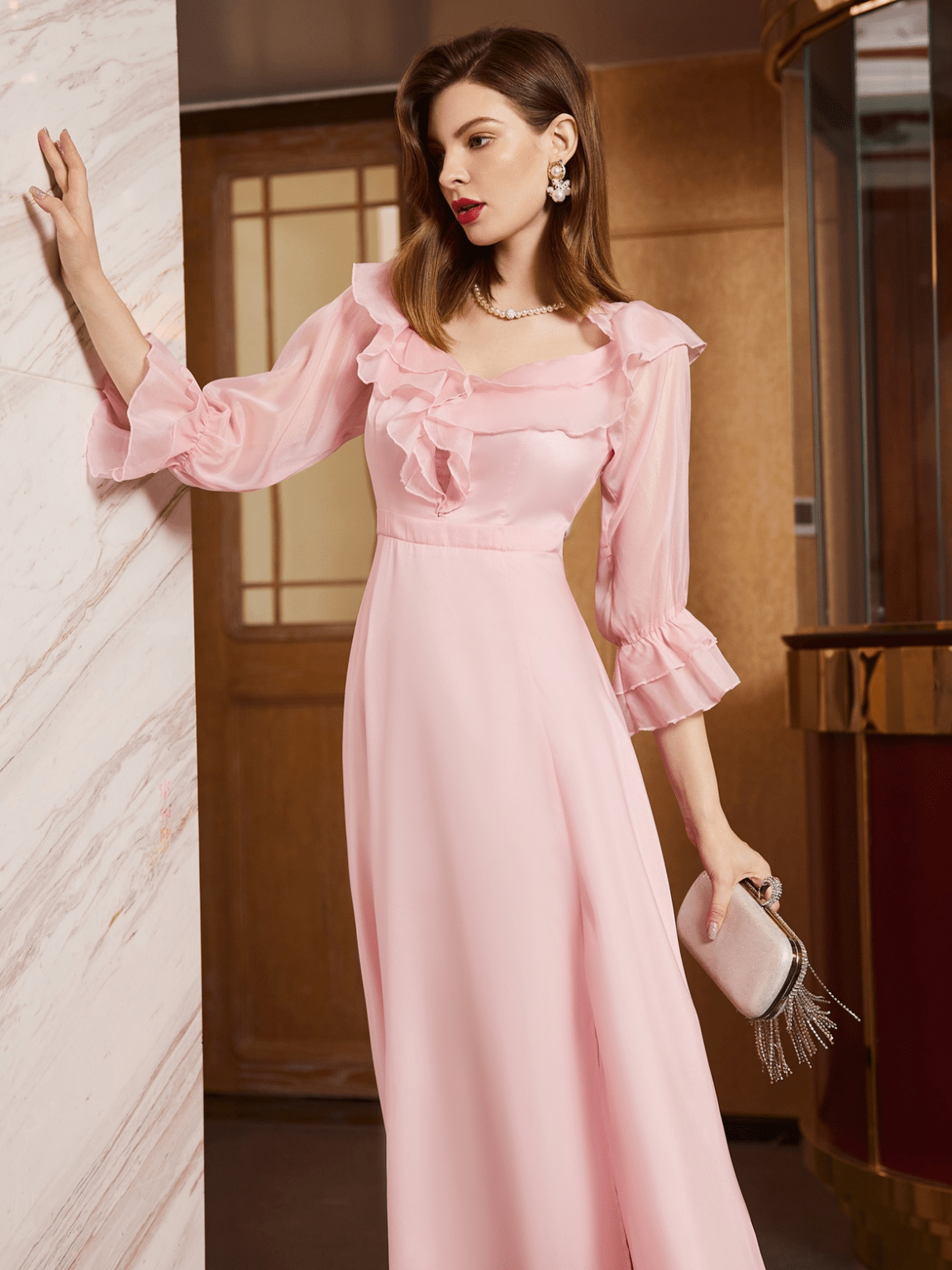 Party Dresses Pink V-Neck Ruffles 3/4 Length Sleeves Semi Formal Dress