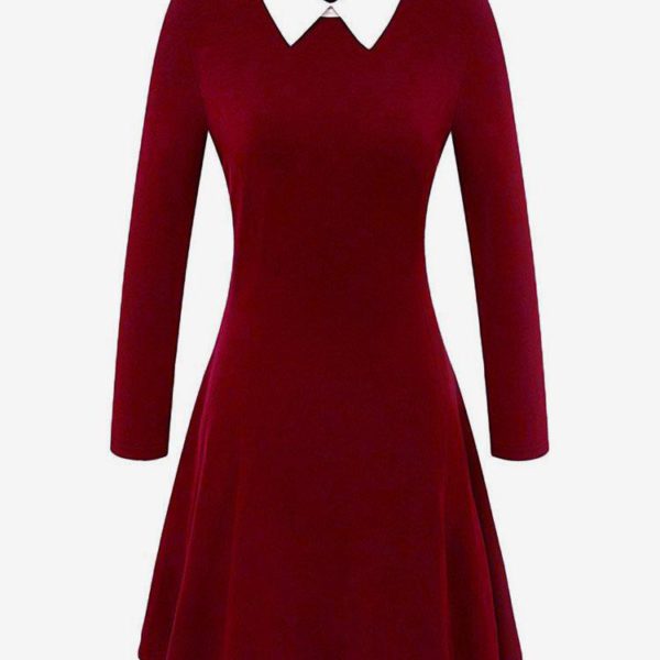 Women Vintage Dress 1950s Audrey Hepburn Style Turndown Collar Long Sleeves Rockabilly Dress