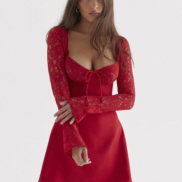 Red Mini Skirt Square Neck Lace Extra Long Sleeves Sexy Elegant Dresses