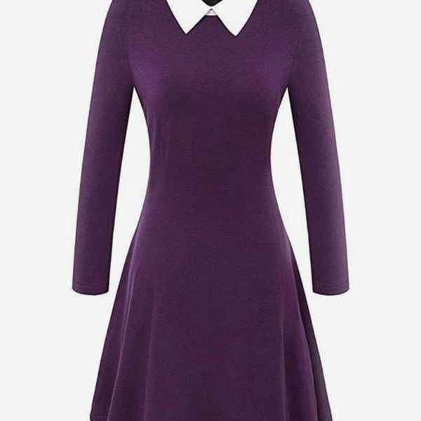 Women Vintage Dress 1950s Audrey Hepburn Style Turndown Collar Long Sleeves Rockabilly Dress
