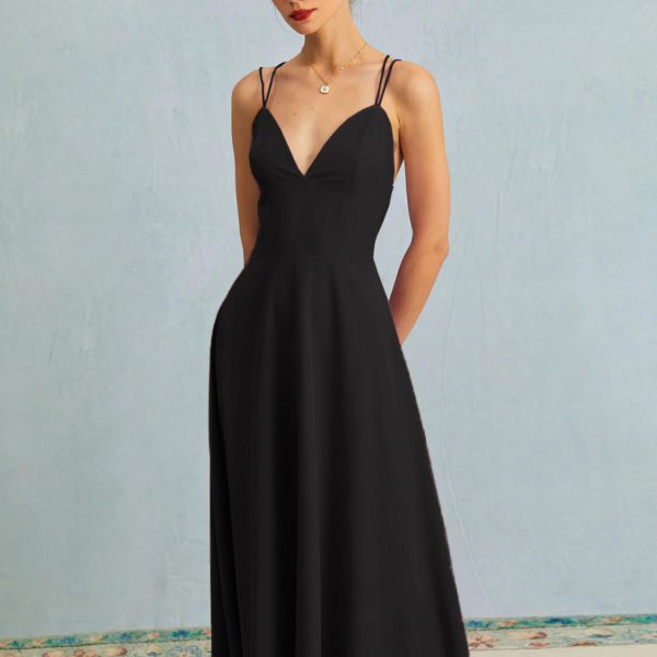 Women Black Dress Spaghetti Straps Sleeveless Pleated Party Dress