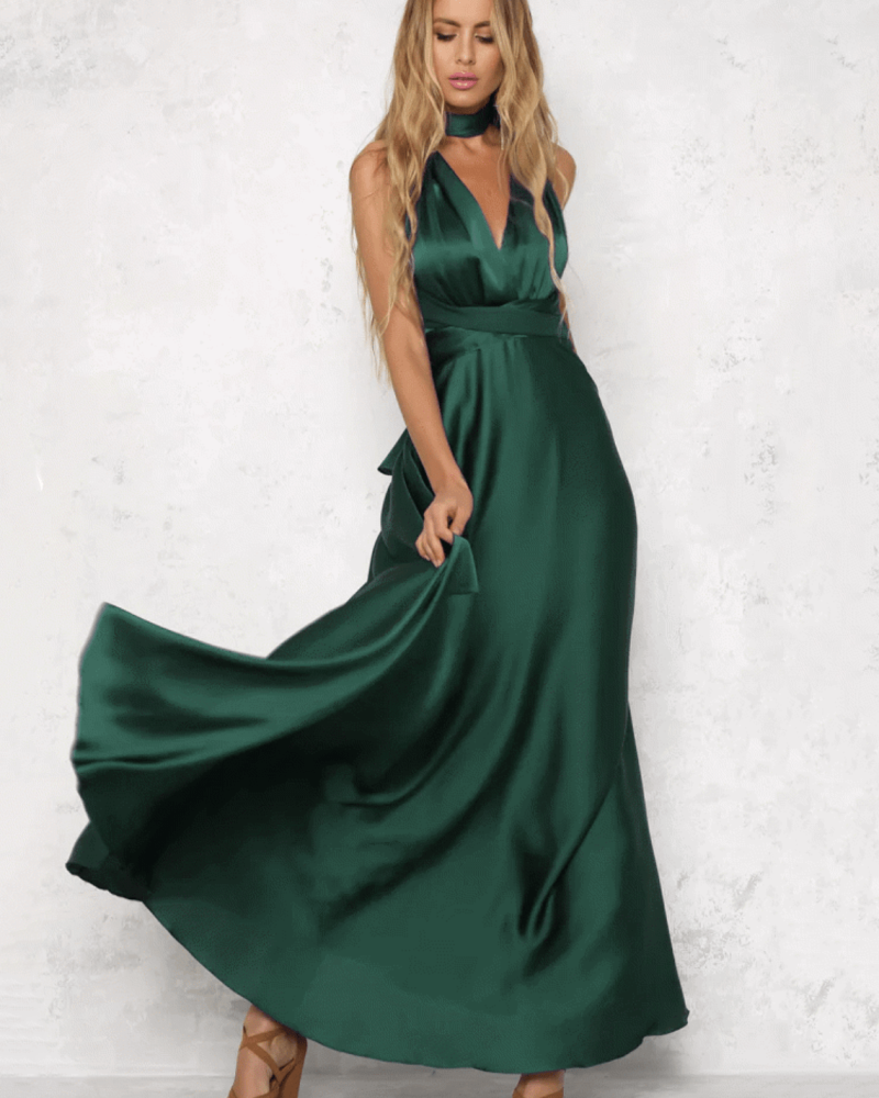 Maxi Dress V-Neck Sleeveless Satin Fabric Sexy Floor Length Dress