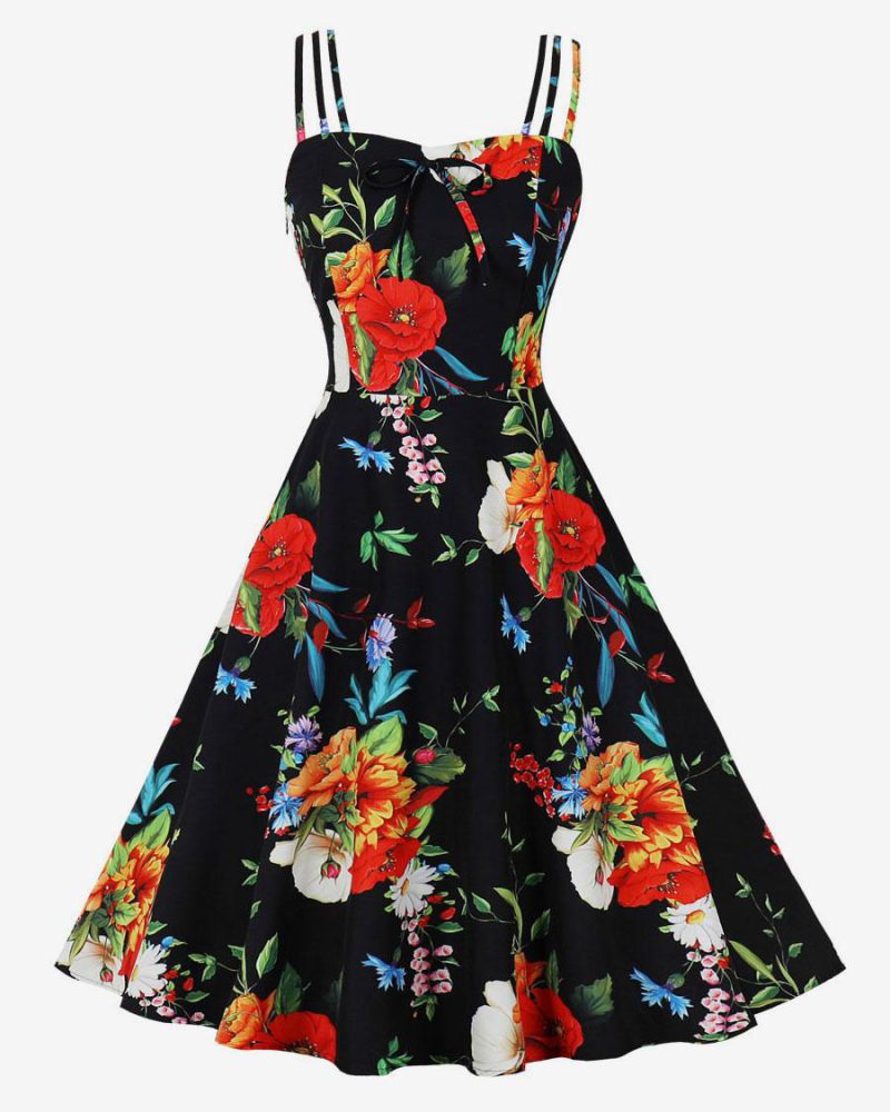 Vintage Dress 1950s Audrey Hepburn Style Backless Sleeveless Woman's Knee Length Floral Print Rockabilly Dress