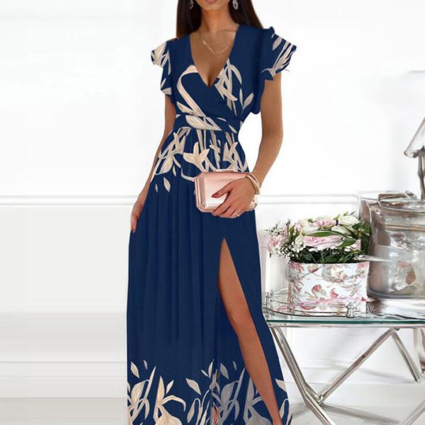 Maxi Dress Short Sleeves V-Neck Floral Print Party Dress