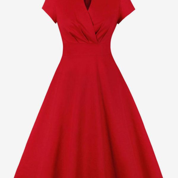 1950s Audrey Hepburn Style Retro Dress Jewel Neck Short Sleeves Midi Rockabilly Dress
