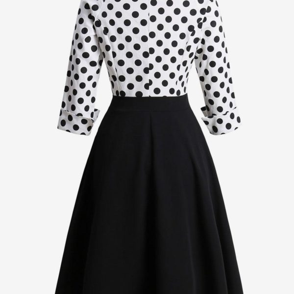 Women's Black Vintage Dress 1950s Audrey Hepburn Style V-Neck 3/4 Length Sleeves Polka Dots Retro Cotton Dress