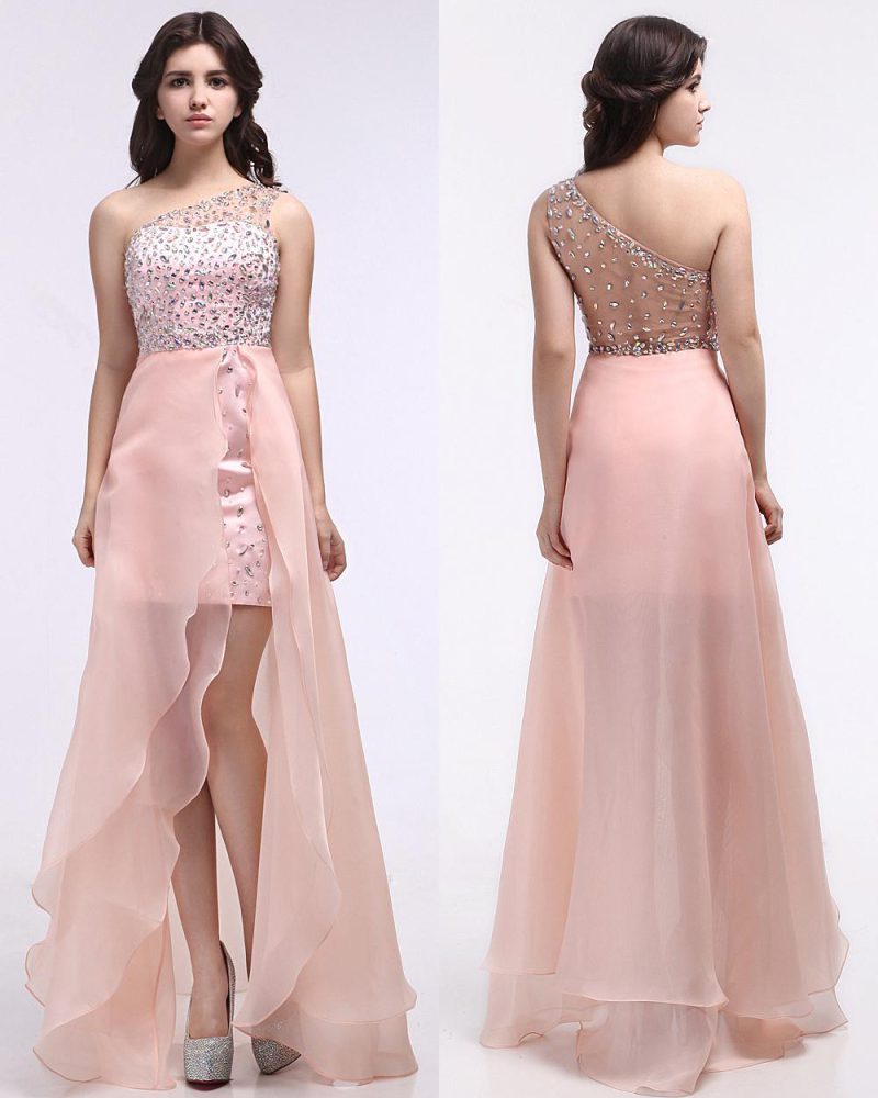 Peach Evening Dress Illusion Rhinestone Beaded Prom Dress Organza One Shoulder Asymmetrical Floor Length Party Dress