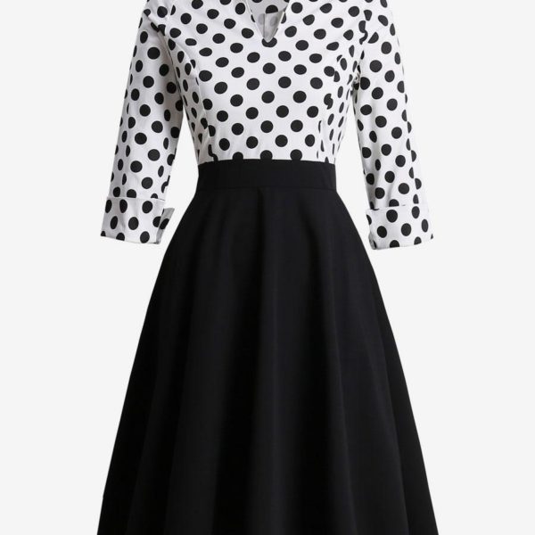 Women's Black Vintage Dress 1950s Audrey Hepburn Style V-Neck 3/4 Length Sleeves Polka Dots Retro Cotton Dress