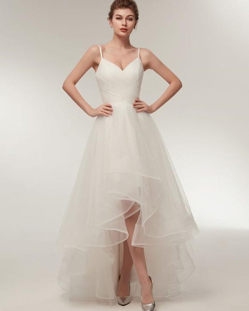 Beach Wedding Dress High Low Summer Bridal Dress Ivory Tulle Spaghetti Straps Asymmetrical Wedding Gowns