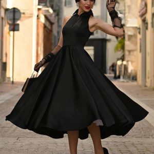 Black Wedding Dresses A-Line Sleeveless Satin Fabric Tea-Length Bridal Gown - Image 2