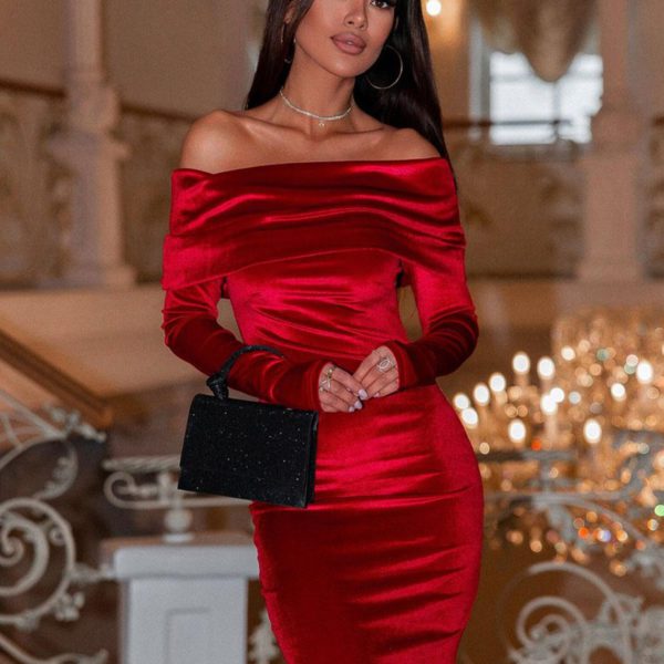 Bodycon Dresses Black Bateau Neck Split Front High-slit Sexy Long Sleeves Pencil Dress - Image 4