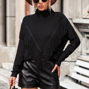 Embellished Fringe Sweater Polo Neck Ribbed Cuff Knitted Women's Sweater - Image 9