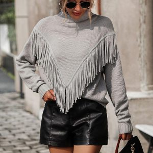 Embellished Fringe Sweater Polo Neck Ribbed Cuff Knitted Women's Sweater
