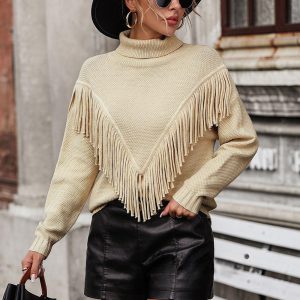 Embellished Fringe Sweater Polo Neck Ribbed Cuff Knitted Women's Sweater - Image 5