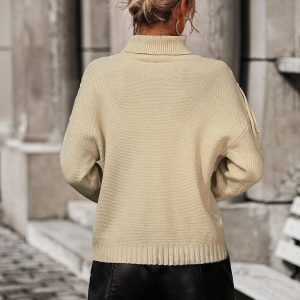 Embellished Fringe Sweater Polo Neck Ribbed Cuff Knitted Women's Sweater - Image 6