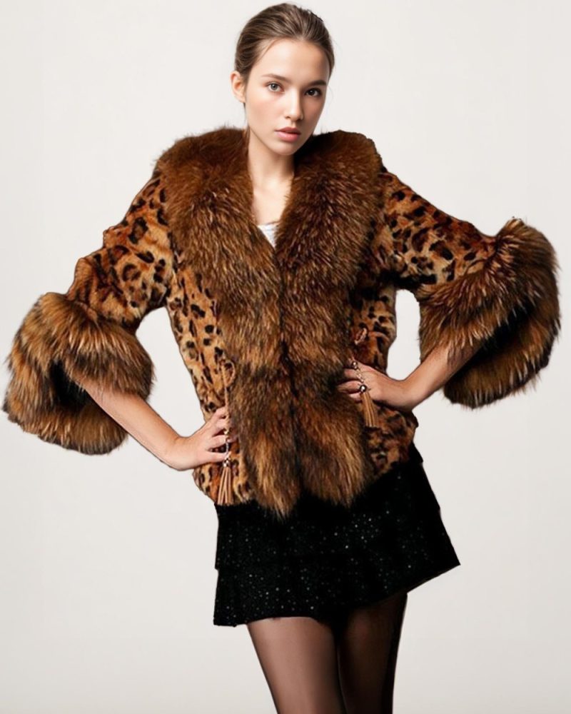 Faux Fur Coats Long Sleeves Classic Coat Leopard Print Oversized V-Neck  Women Coat