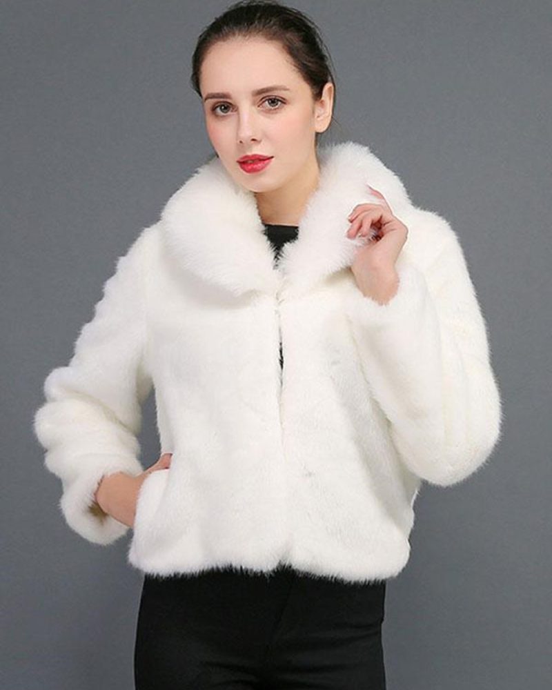 Faux Fur Coats Long Sleeves Turndown Collar Winter Short Outerwear