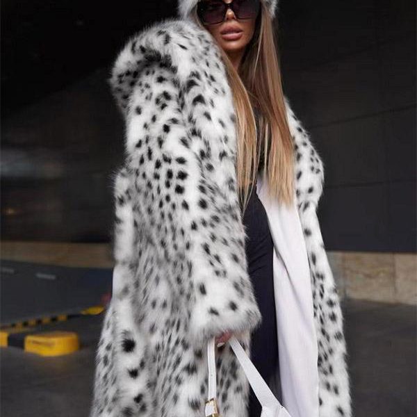 Faux Fur Overcoat Hooded Leopard Print Open Front Women's Outerwear